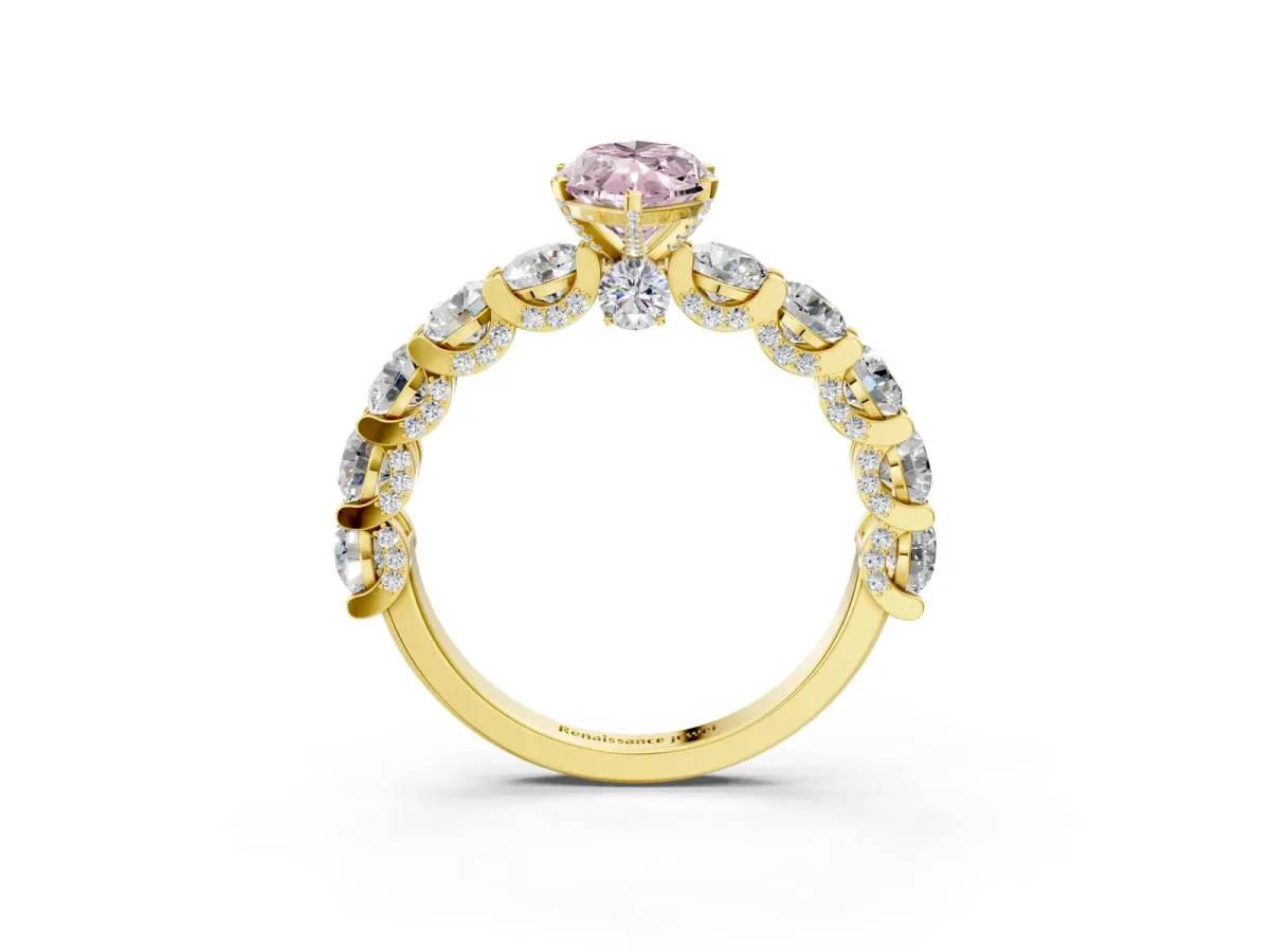 Fancy Pink Marquise Cut Diamond Side Stone Engagement Ring with Four-Prong Setting Yellow gold