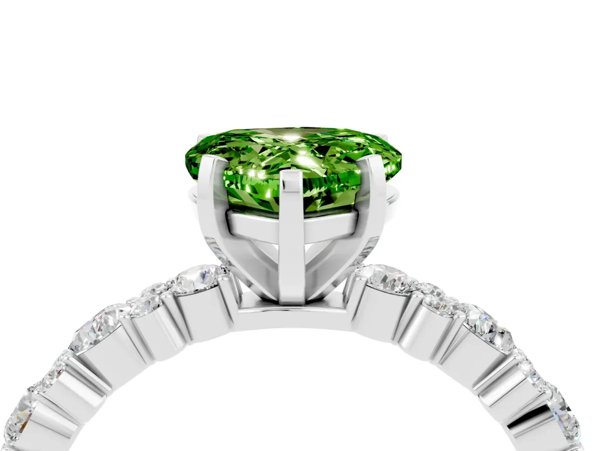 Heart Cut Peridot Side Stone Solitaire Ring with Round and Four-Prong Setting Platinum