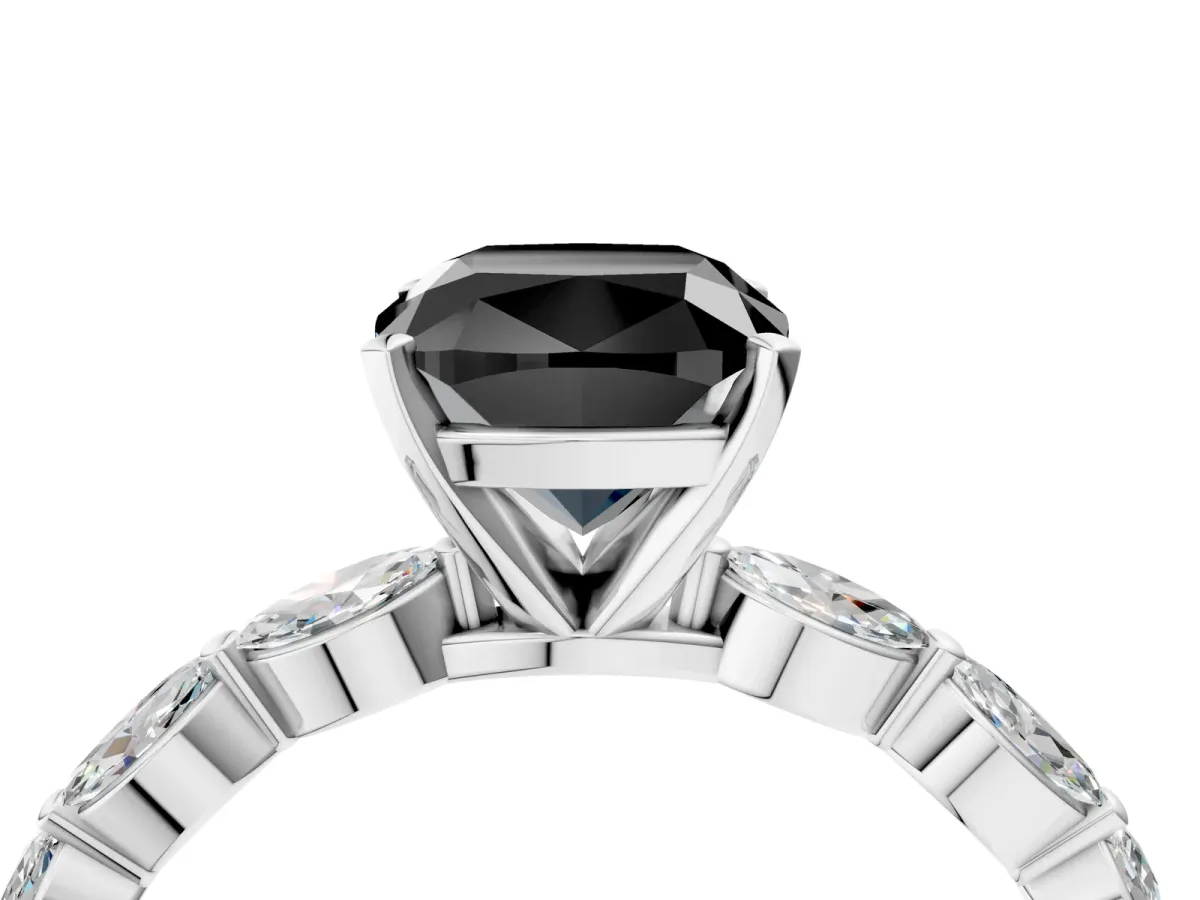 Fancy Black Cushion Cut Diamond Ring with Marquise Side Stones and Prong Setting Platinum