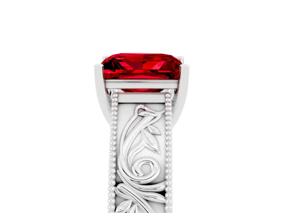 Princess Cut Ruby Solitaire Ring with Engraved Band and Four-Prong Setting White gold