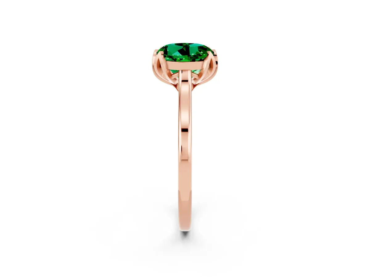 Round Cut Emerald Solitaire Ring with Flower Prong Setting and Classic Band Rose gold