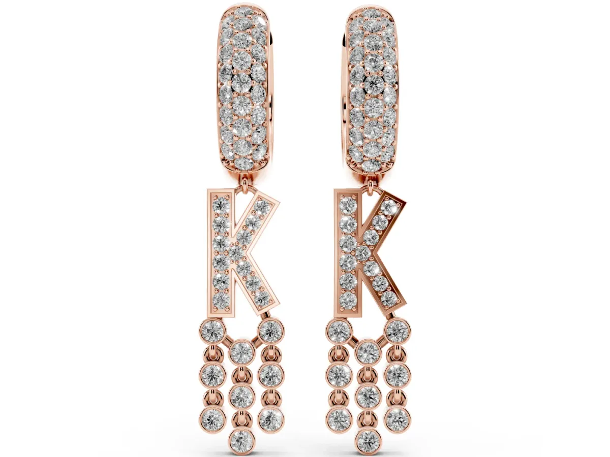 Round Diamond Initial K Huggie Hoop Earrings Rose gold
