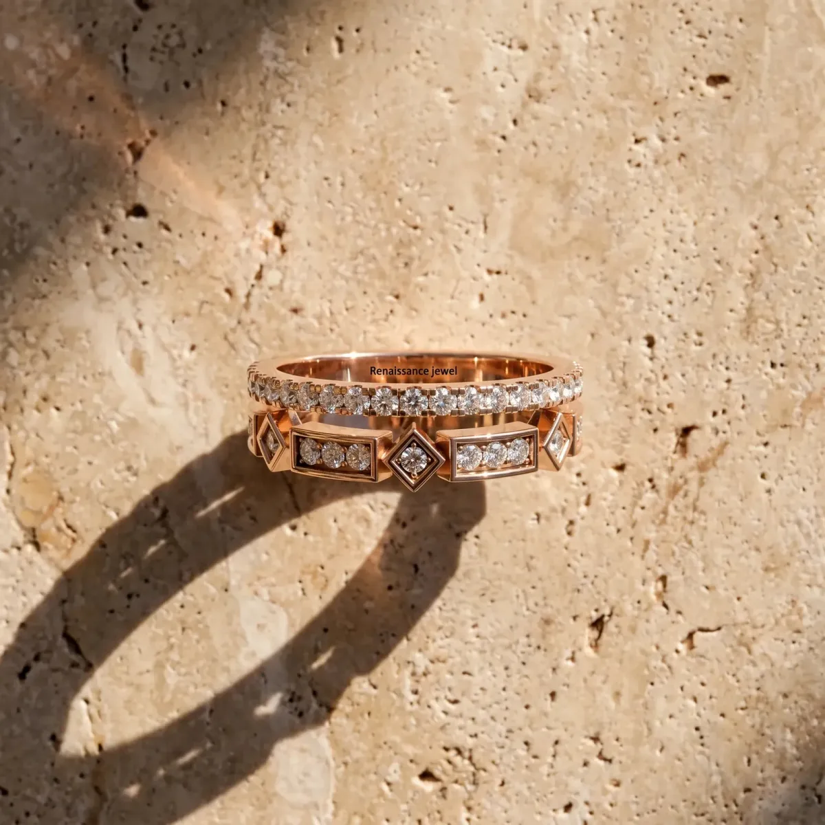 Pavé Round Diamond Channel Set Dual Band with Prong Setting Rose gold
