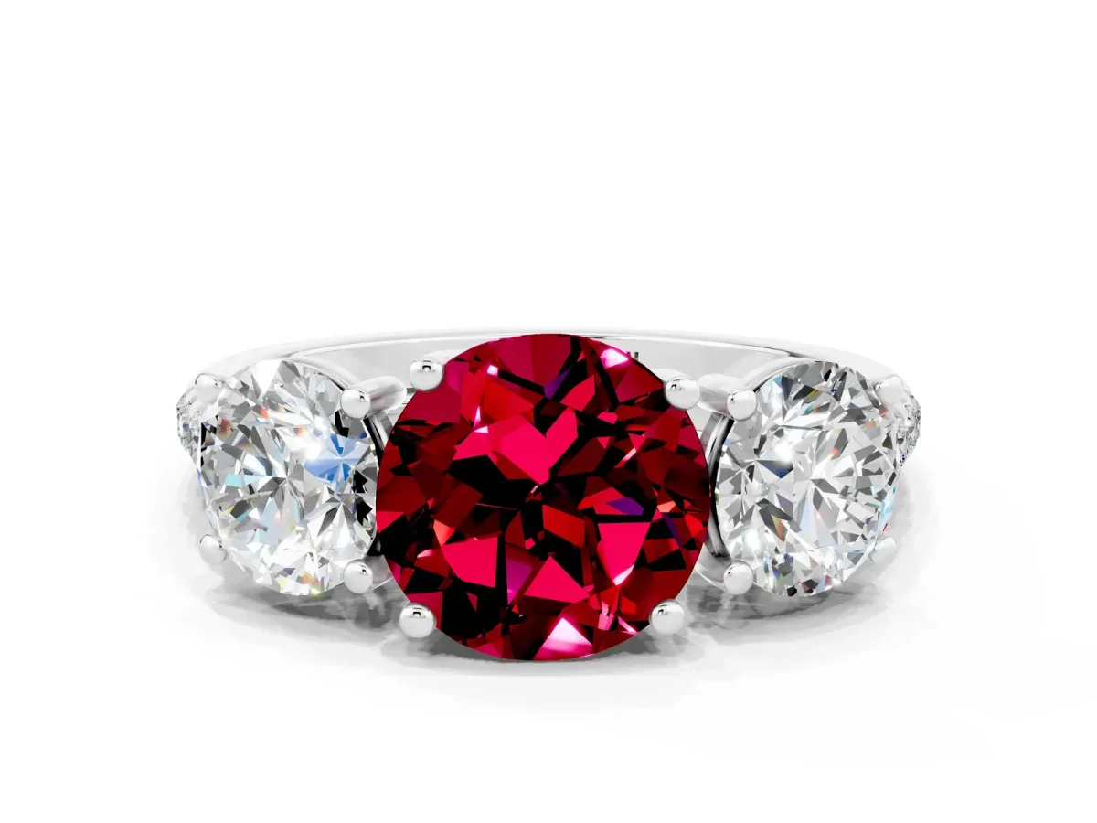 Three-Stone Round Cut Garnet Ring with Round Pavé Band and Prong Setting Platinum