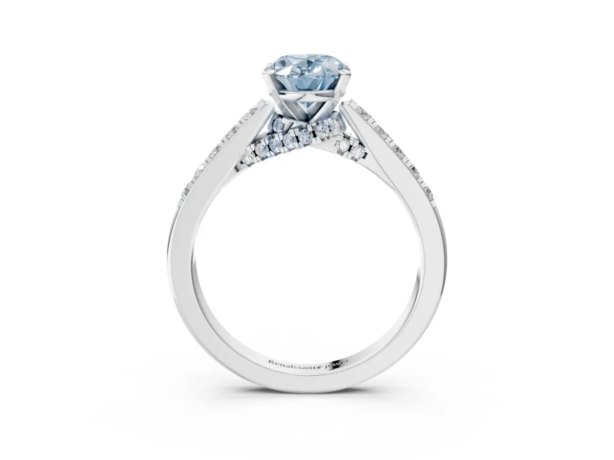 Fancy Blue Oval Cut Diamond Solitaire Ring with Crossover Gallery and Round Pavé Band Silver