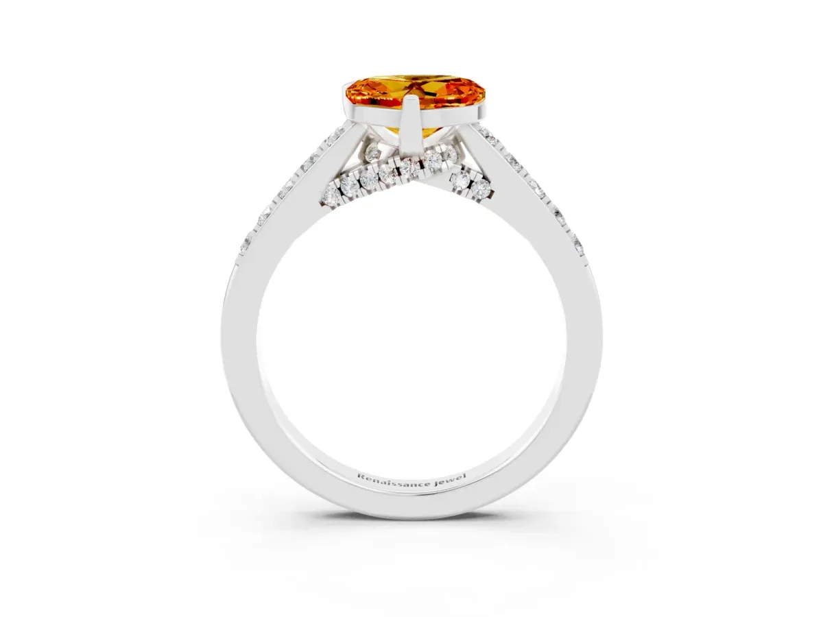 Heart Cut Citrine Solitaire Ring with Crossover Gallery and Round Pavé Band Silver