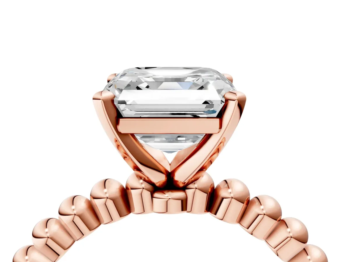 Asscher Cut Diamond Solitaire Ring with Beaded Band and Prong Setting Rose gold