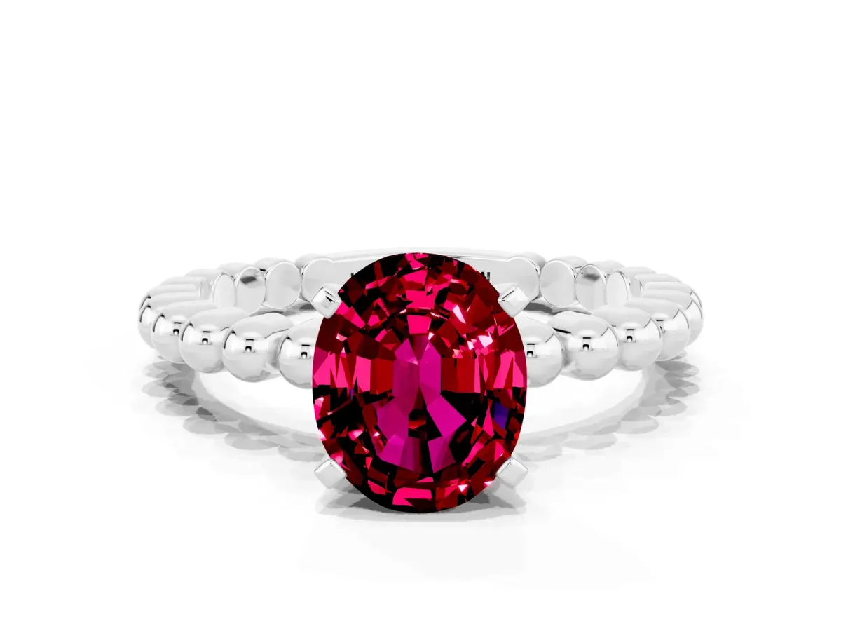 Oval Cut Garnet Solitaire Ring with Beaded Band and Prong Setting Platinum