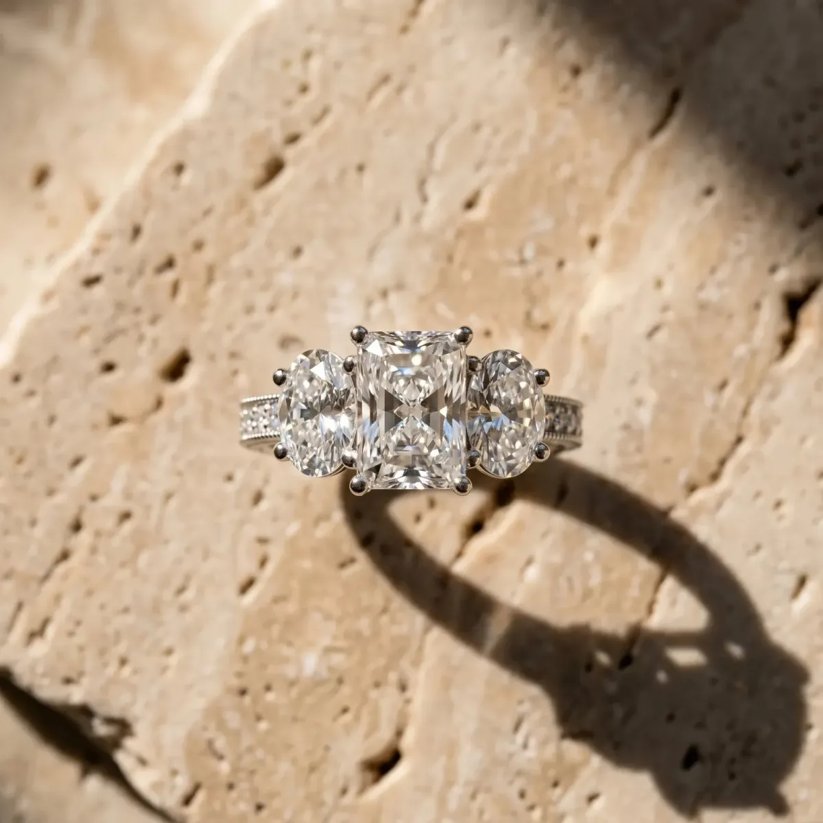 Three-Stone Radiant Cut Diamond Milgrain Pave Band with Prong Setting Platinum