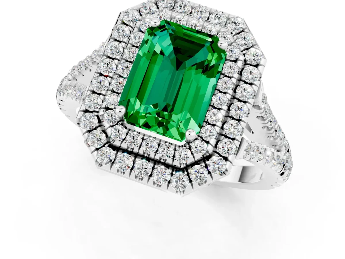 Emerald Cut Emerald Double Halo Ring with Pavé Band and Prong Setting White gold