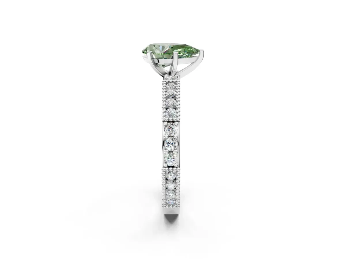 Fancy Green Pear Cut Solitaire with Pavé Band and Four-Prong Setting Platinum