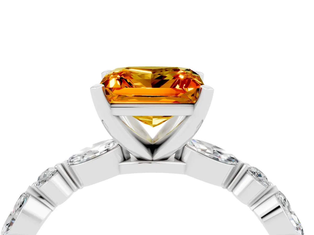 Princess Cut Citrine Ring with Marquise and Round Side Stones and Four-Prong Setting Silver