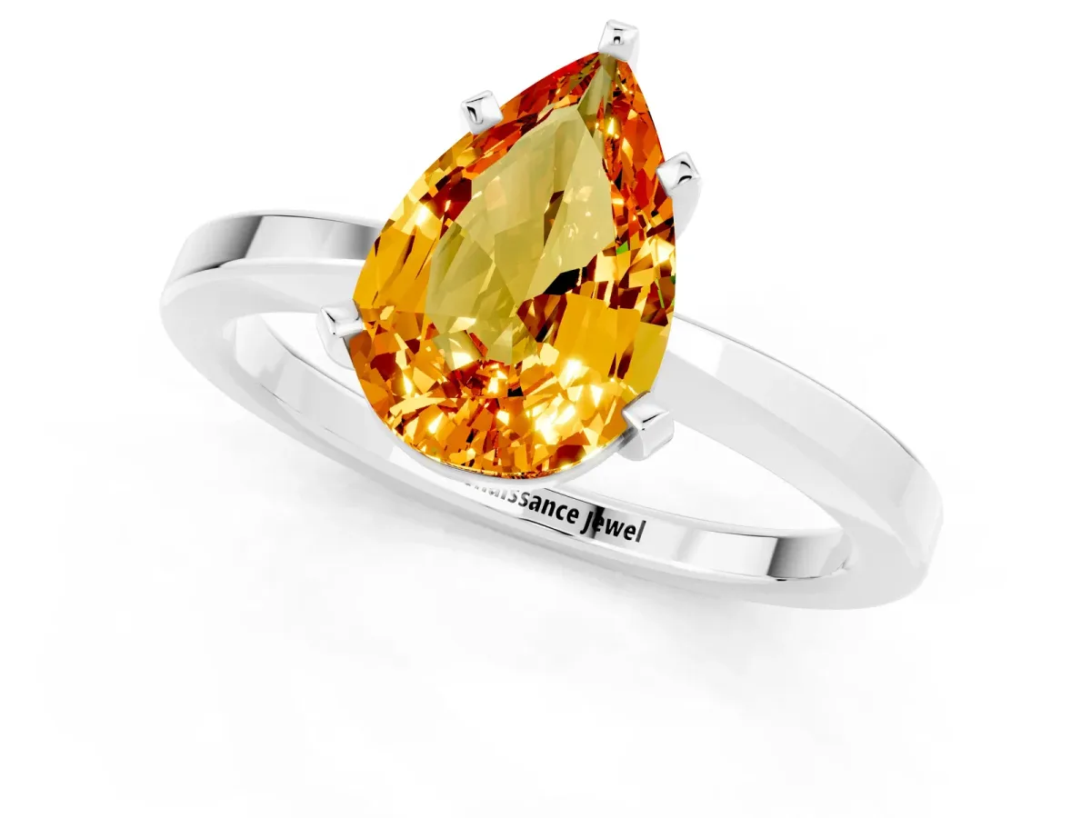 Pear Cut Citrine Solitaire Engagement Ring with Classic Band and Four-Prong Setting Silver