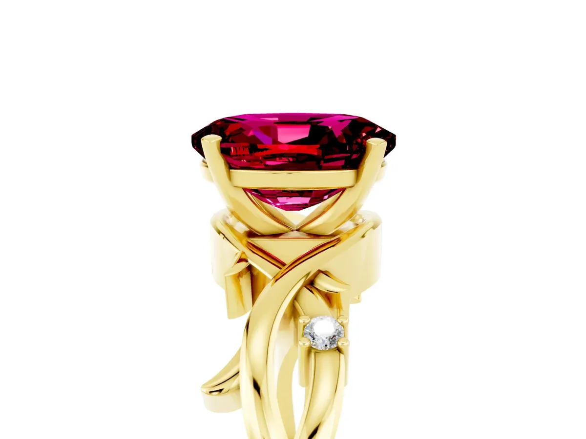 Oval Cut Garnet Solitaire Ring with Twisted Band and Prong Setting Yellow gold