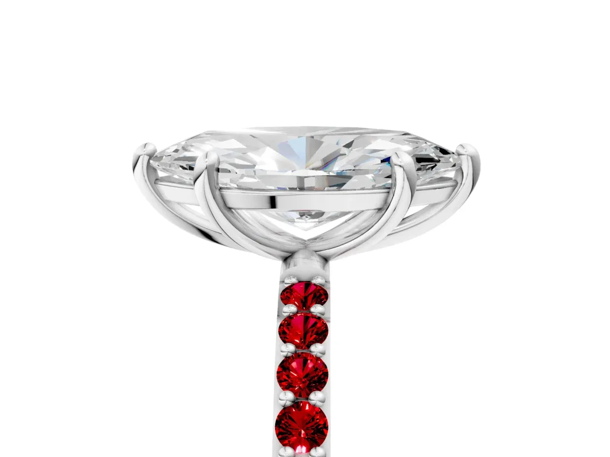 Marquise Cut Diamond Solitaire Ring with Round Ruby Pavé Band and Prong Setting Platinum