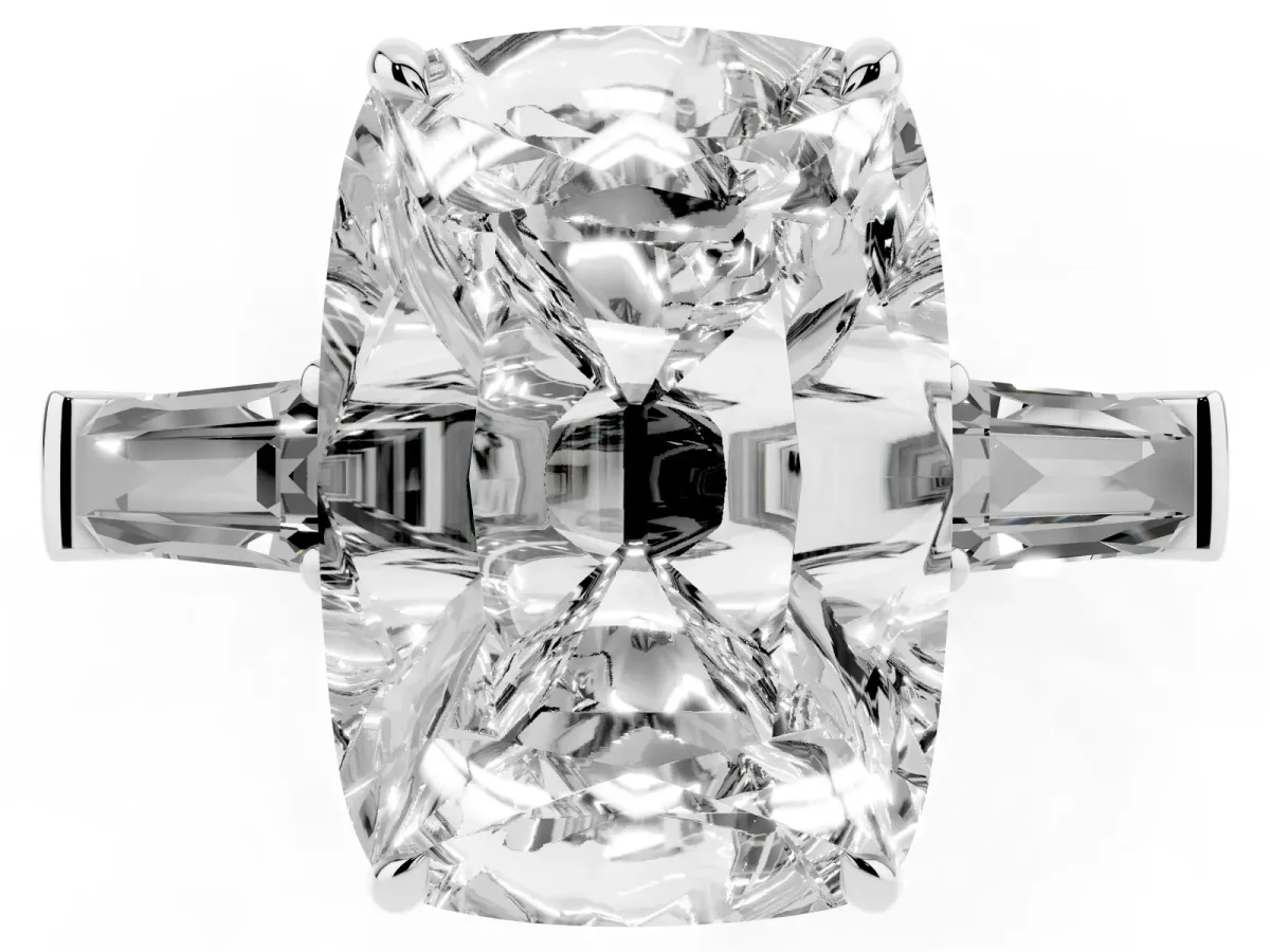 Old Mine Elongated Cushion Diamond with Side Tapered Baguette Three Stone Ring Silver