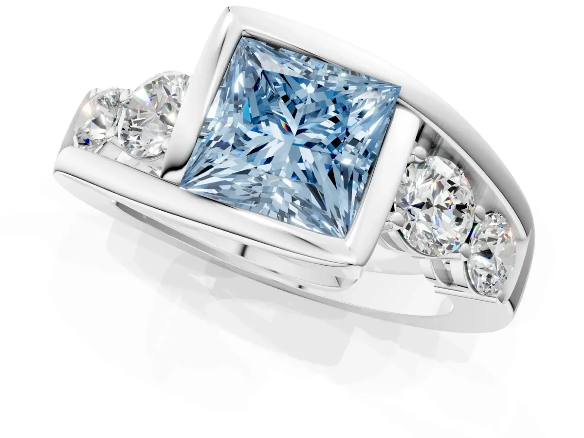Fancy Blue Bezel Set Princess Cut Diamond Bypass Ring with Round Accents Platinum