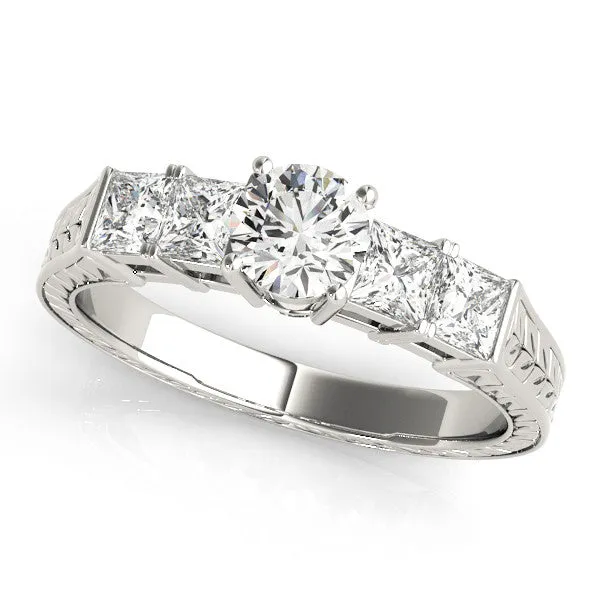 Radiant Cut Solitaire Princess Side Stone Engraved Band Prong Setting Ring Silver