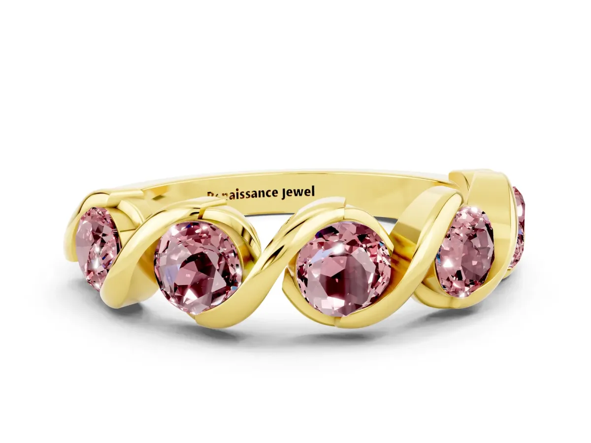 Round Morganite Wave Band with Channel Setting and Shared Prongs Yellow gold