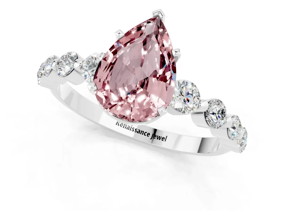 Pear Cut Solitaire Morganite Ring with Pave Band and Four-Prong Setting White gold