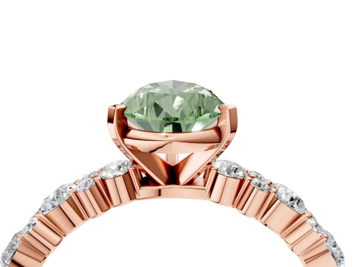 Fancy Green Pear Cut Diamond Side Stone Solitaire Ring with Round and Four-Prong Setting Rose gold