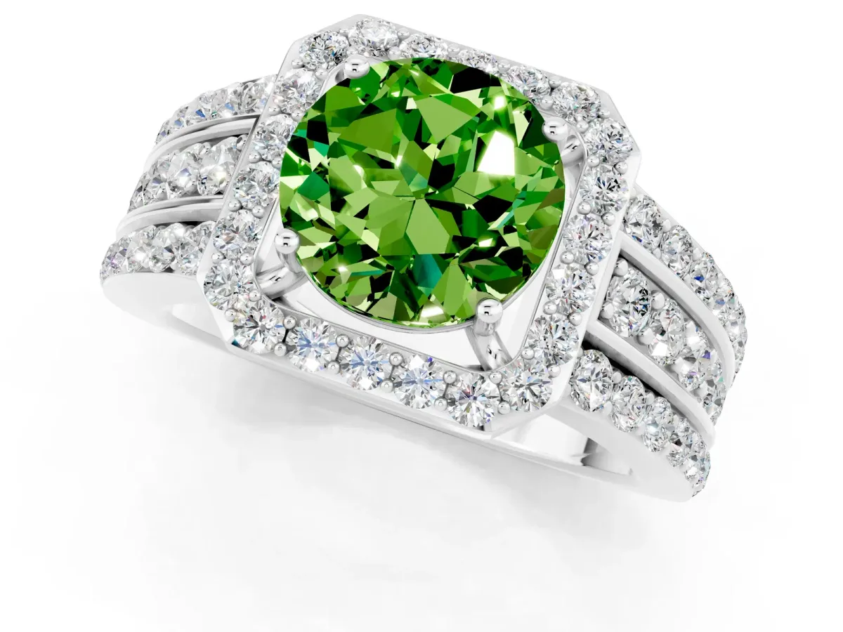 Round Cut Halo Peridot Ring with Round Split Shank and Prong Setting Platinum