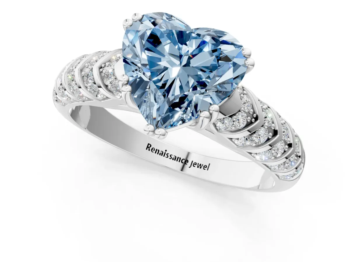 Fancy Blue Heart Cut Solitaire Chevron Pave Diamond Engagement Ring with Six-Prong Setting Platinum