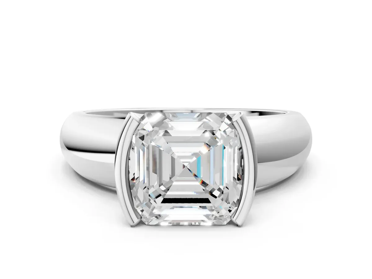 Asscher Cut Solitaire Tension Set Diamond Ring with Wide Band Platinum