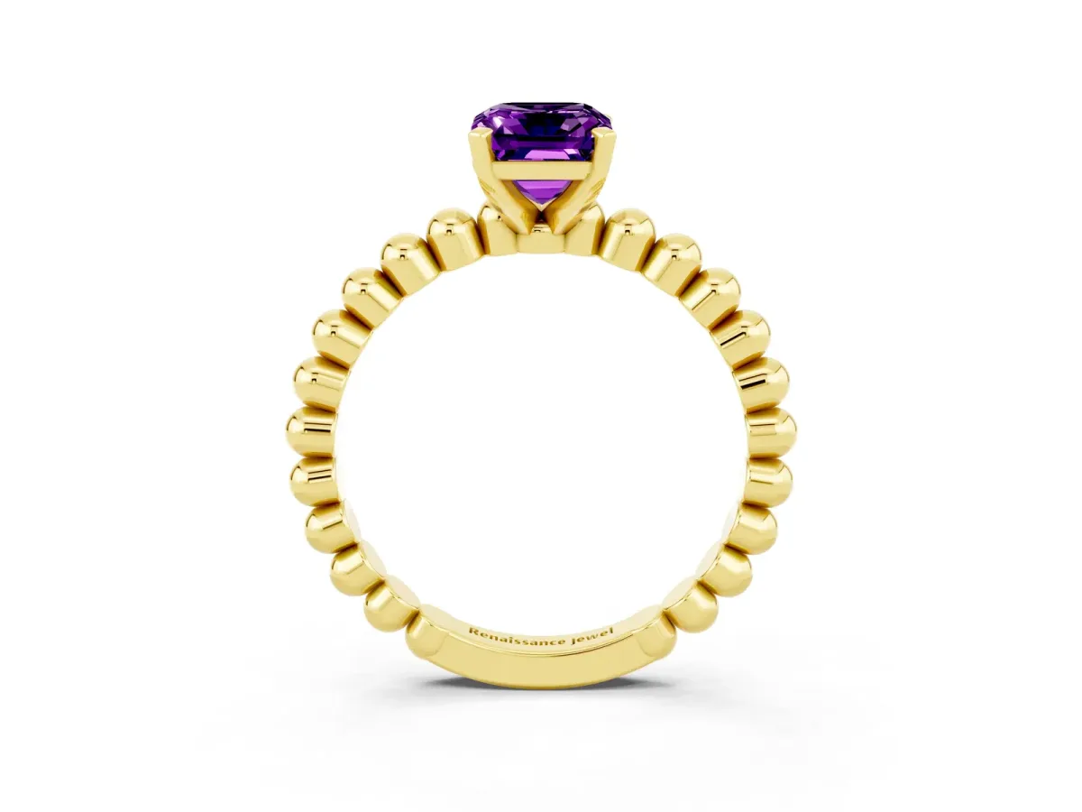 Emerald Cut Amethyst Solitaire Ring with Beaded Band and Prong Setting Yellow gold