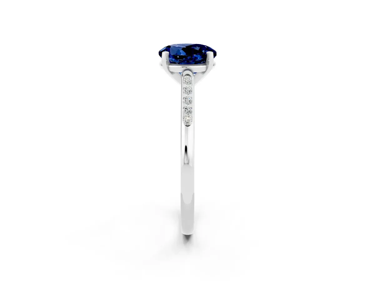 Round Cut Blue Sapphire Solitaire Ring with Channel Set Round Band and Prong Setting Silver