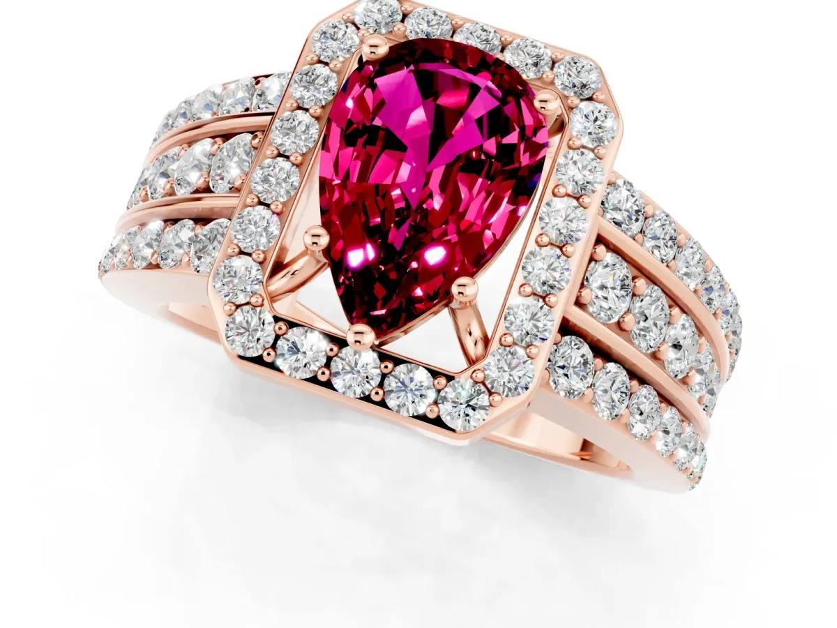 Pear Cut Halo Garnet Ring with Round Split Shank and Prong Setting Rose gold