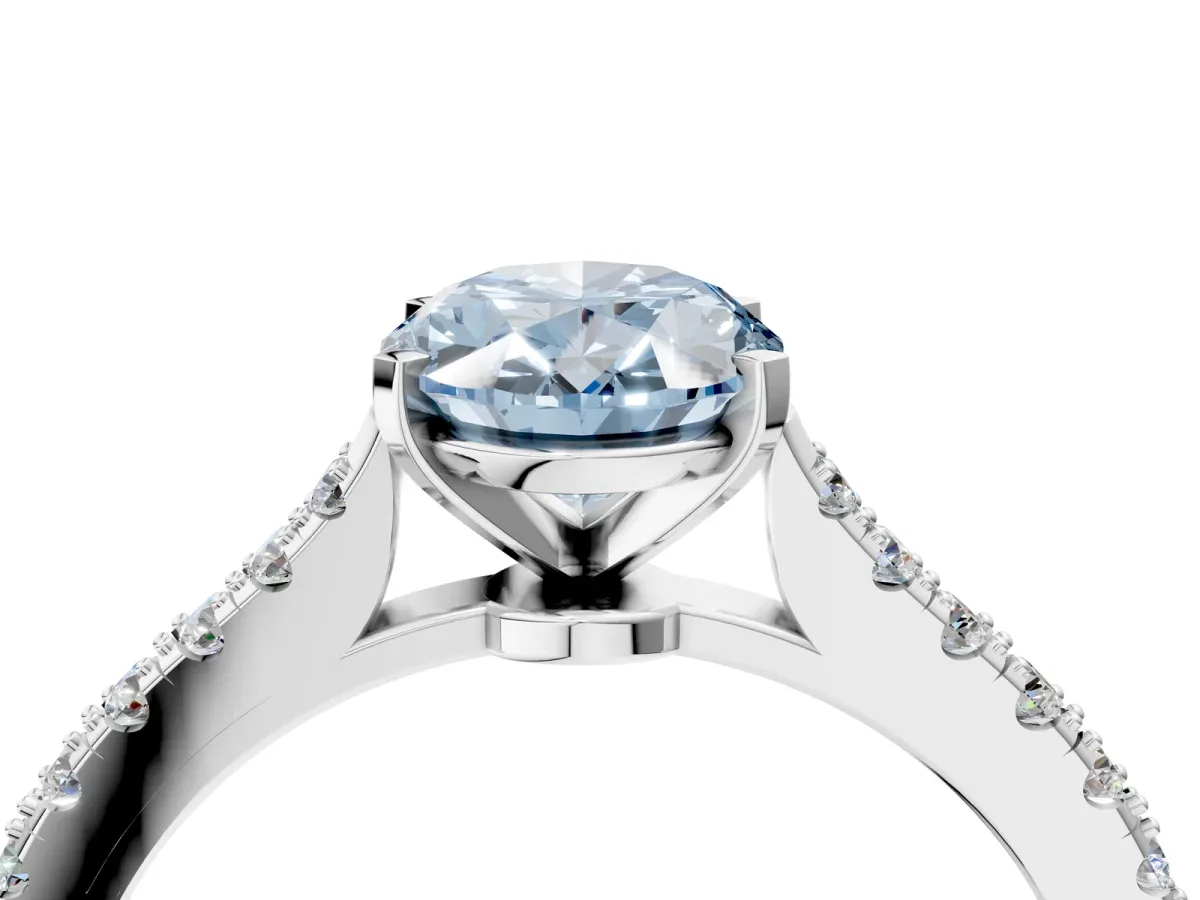 Fancy Blue Oval Cut Cut Solitaire Diamond Engagement Ring with Pave Band and Four-Prong Setting Silver