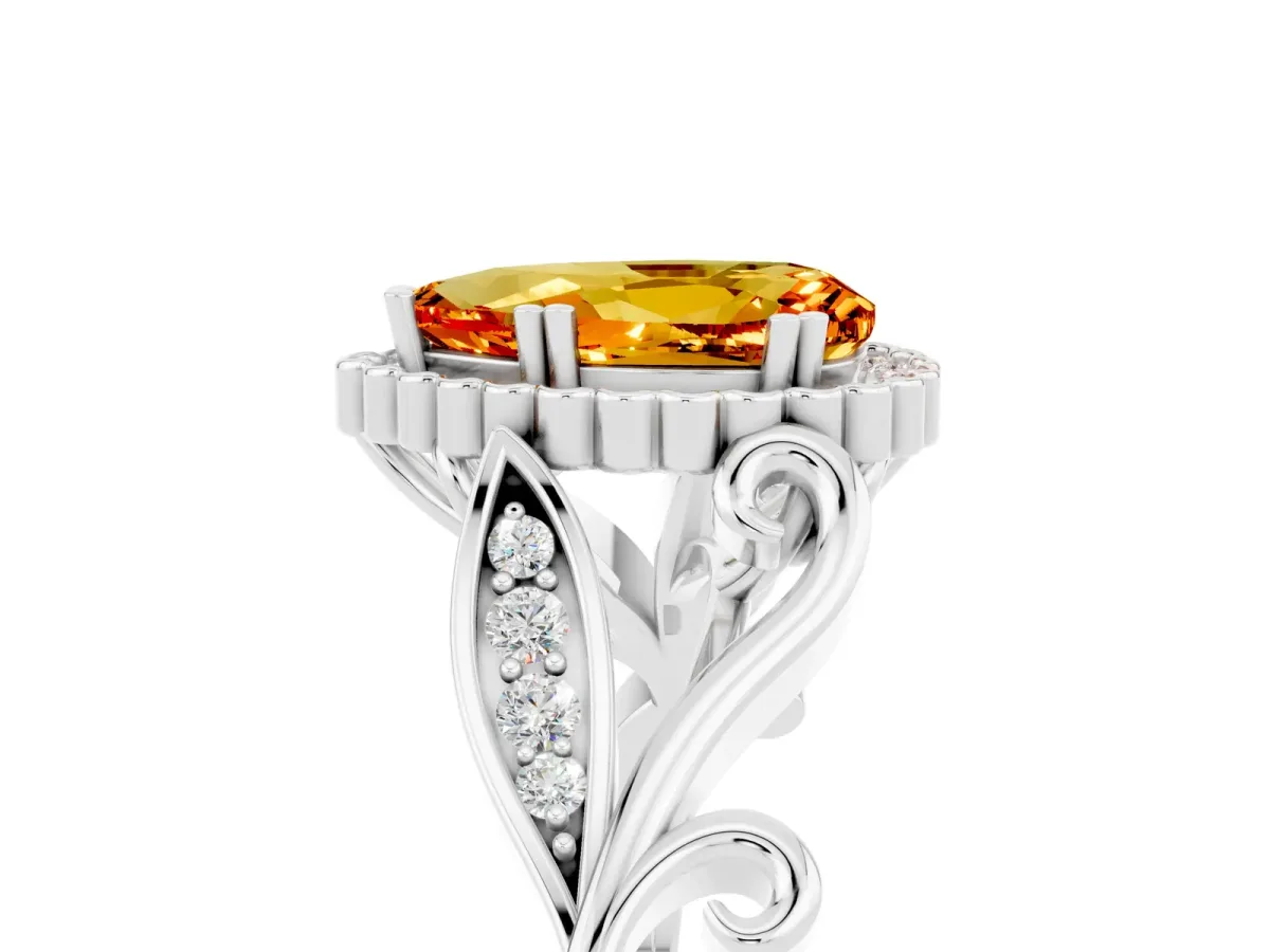 Pear Cut Citrine Halo Ring with Vintage Split Shank and Four-Prong Setting Platinum