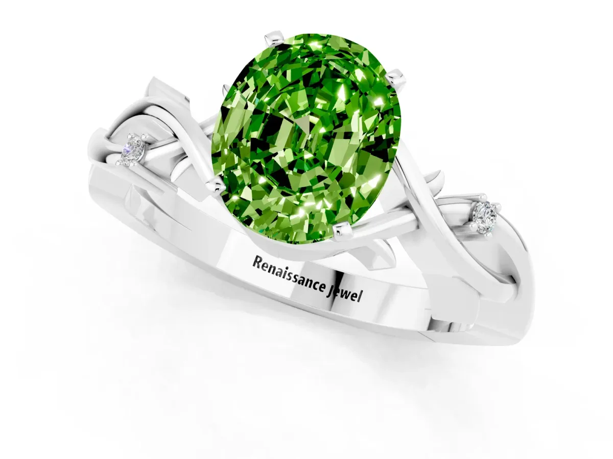 Oval Cut Peridot Solitaire Ring with Twisted Band and Prong Setting Silver