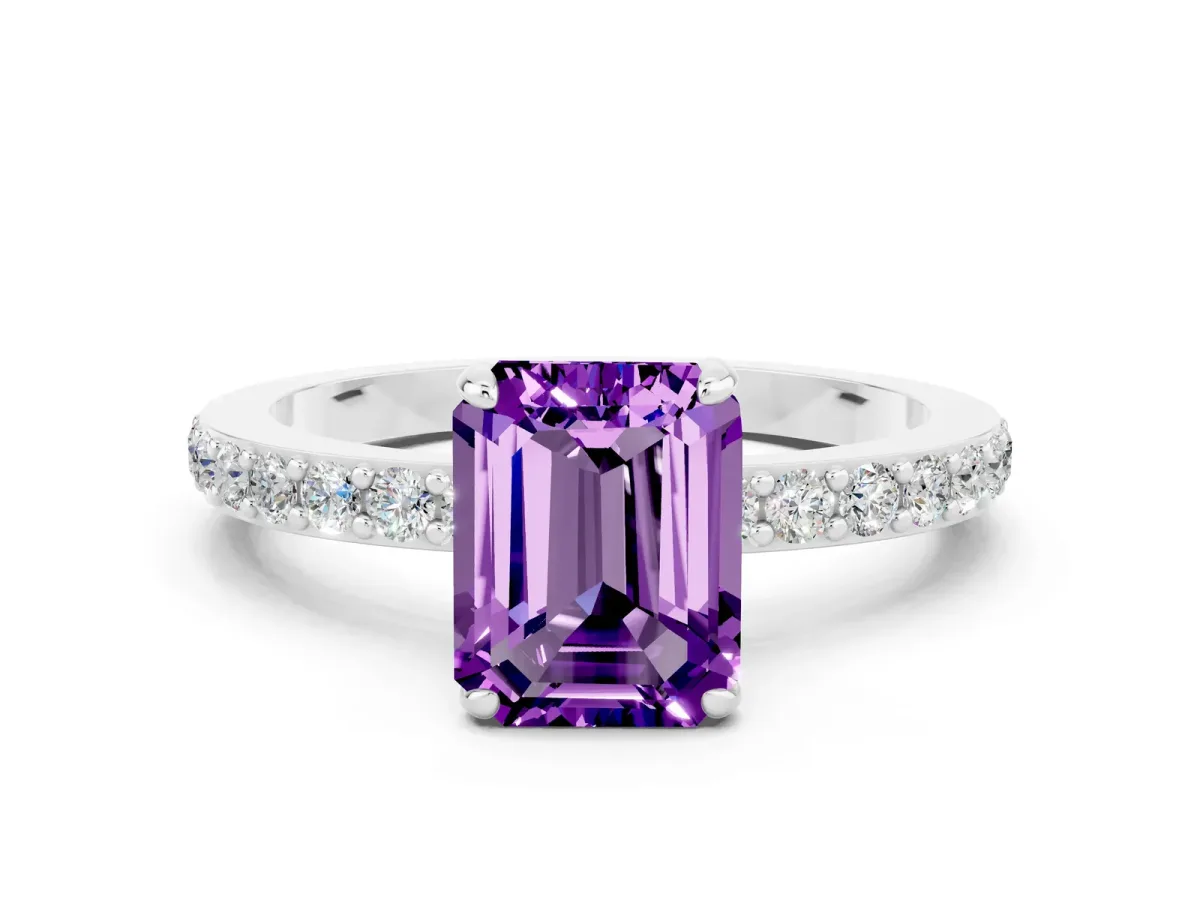 Emerald Cut Amethyst Solitaire Engagement Ring with Pavé Band and Four-Prong Setting Silver