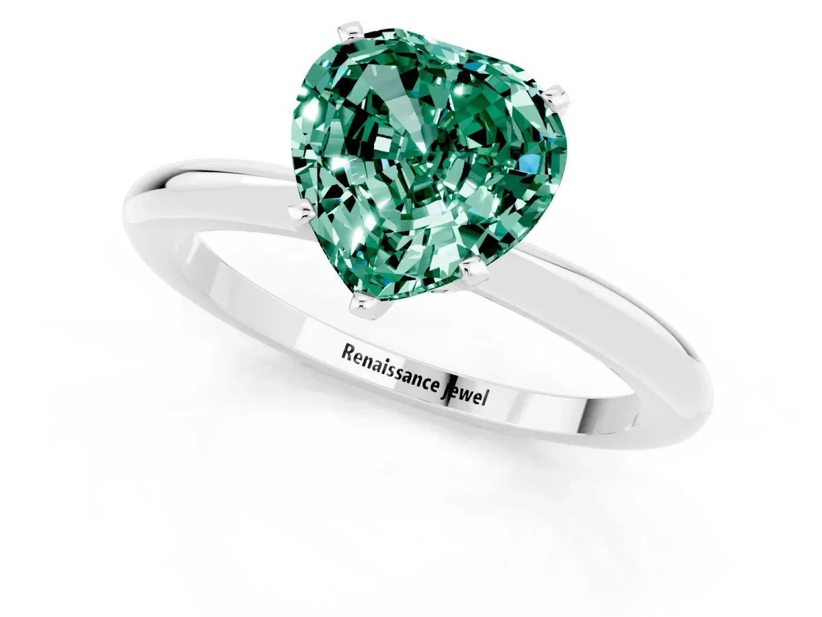 Heart Cut Green Sapphire Solitaire Ring with Six-Prong Setting and Classic Band Silver