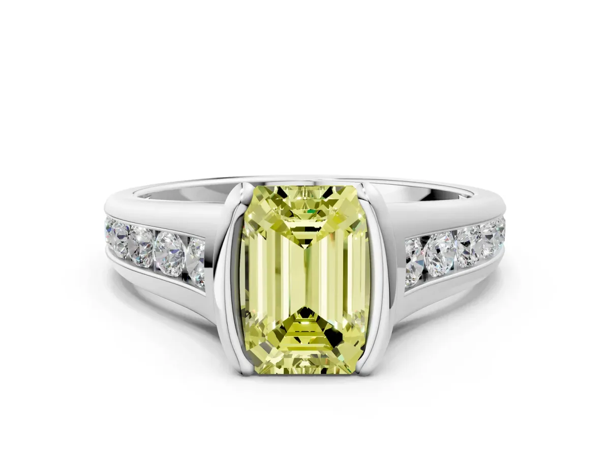 Fancy Yellow Emerald Cut Solitaire Bezel-Set Diamond Ring with Channel-Set Band Platinum