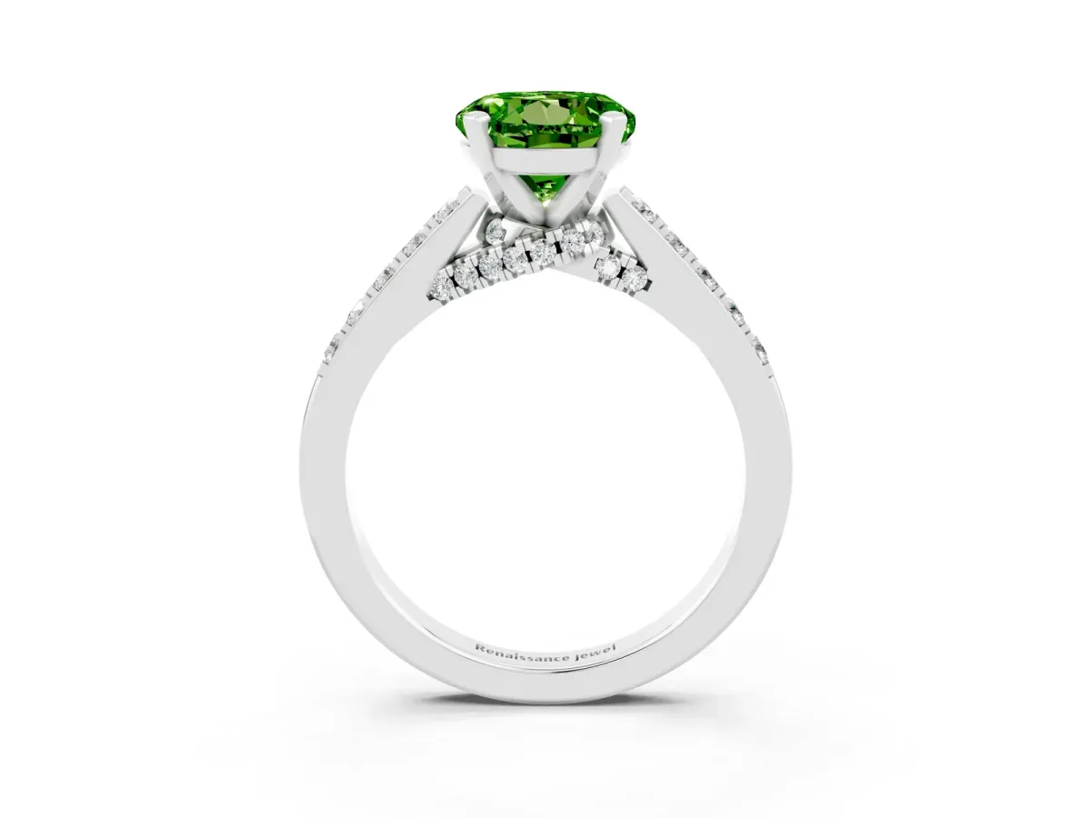 Round Cut Peridot Solitaire Ring with Crossover Gallery and Round Pavé Band Silver