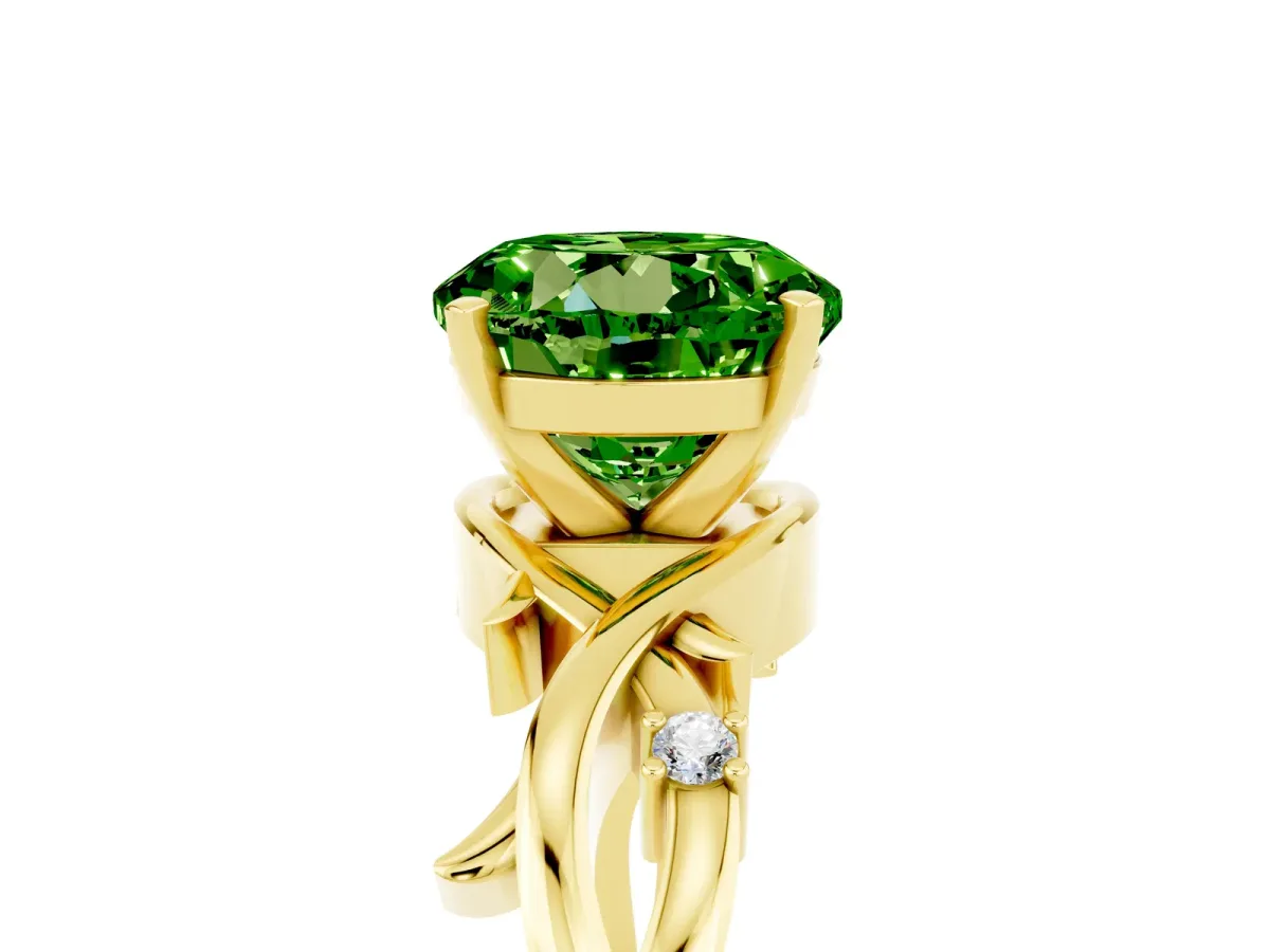 Round Cut Peridot Solitaire Ring with Twisted Band and Prong Setting Yellow gold