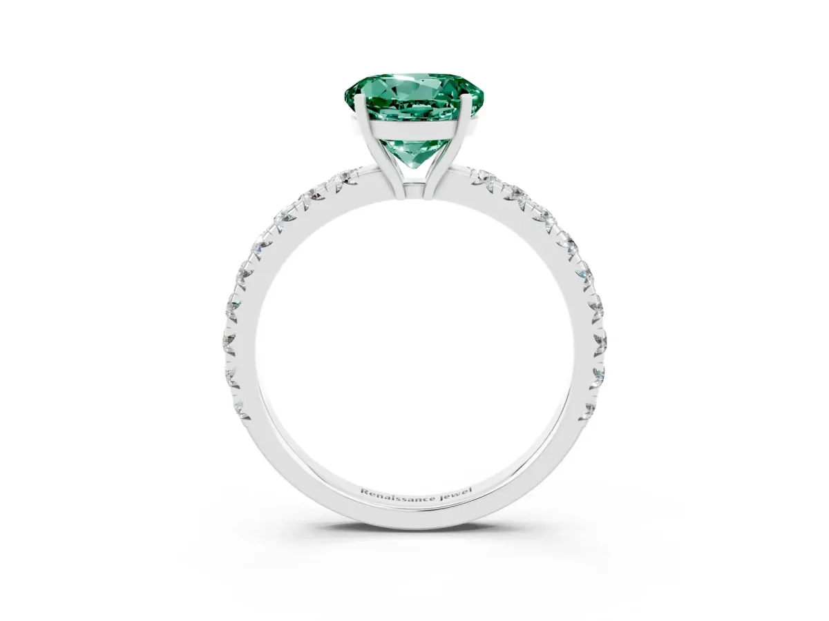 Round Cut Green Sapphire Pavé Solitaire Engagement Ring with Four-Prong Setting Silver