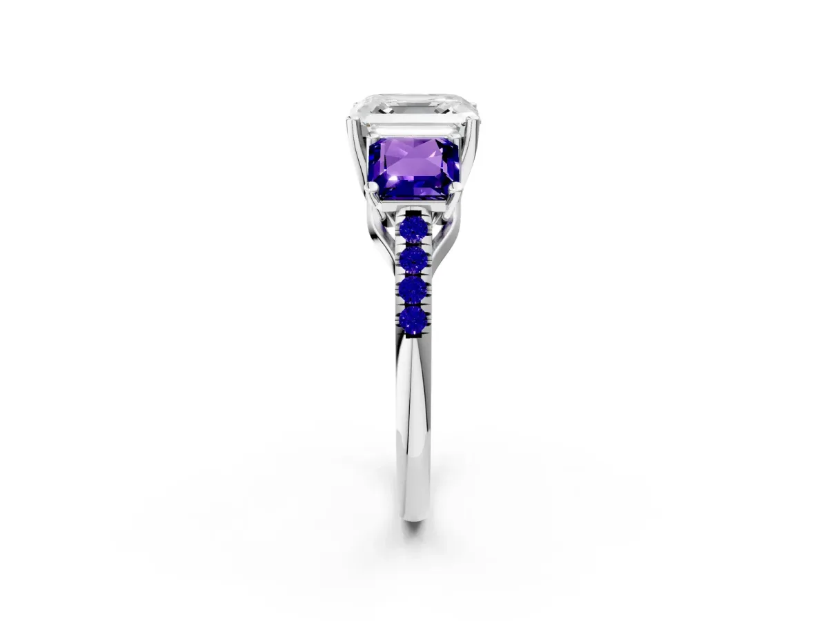 Three-Stone Asscher Cut Diamond Ring with Round Tanzanite Pavé Band and Prong Setting Silver