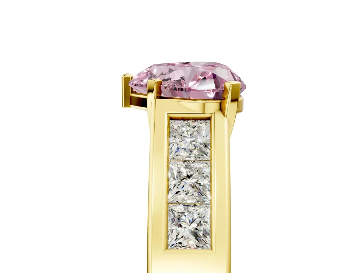 Fancy Pink Heart Cut Cut Channel Set Solitaire Ring with Four-Prong Setting Yellow gold