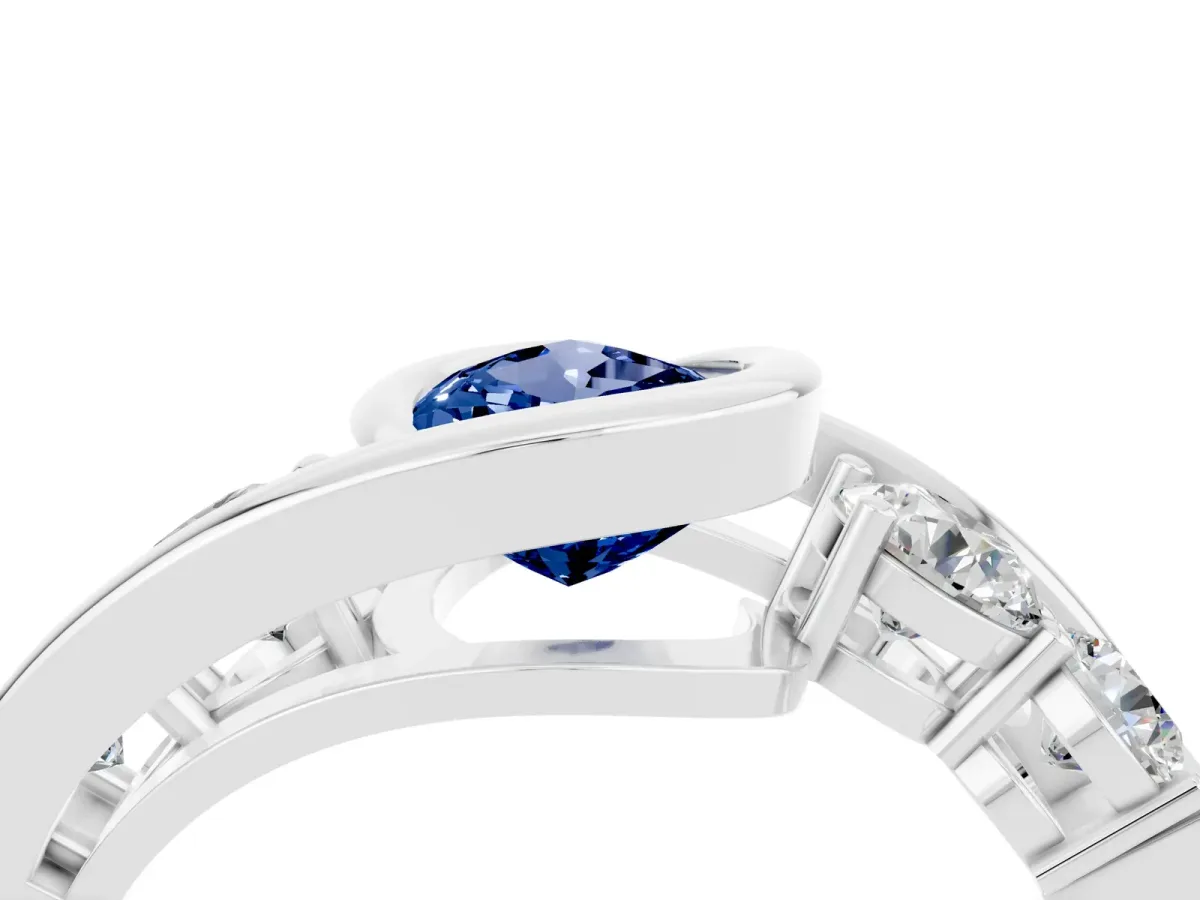 Bezel Set Pear Cut Blue Sapphire Bypass Ring with Round Accents Silver