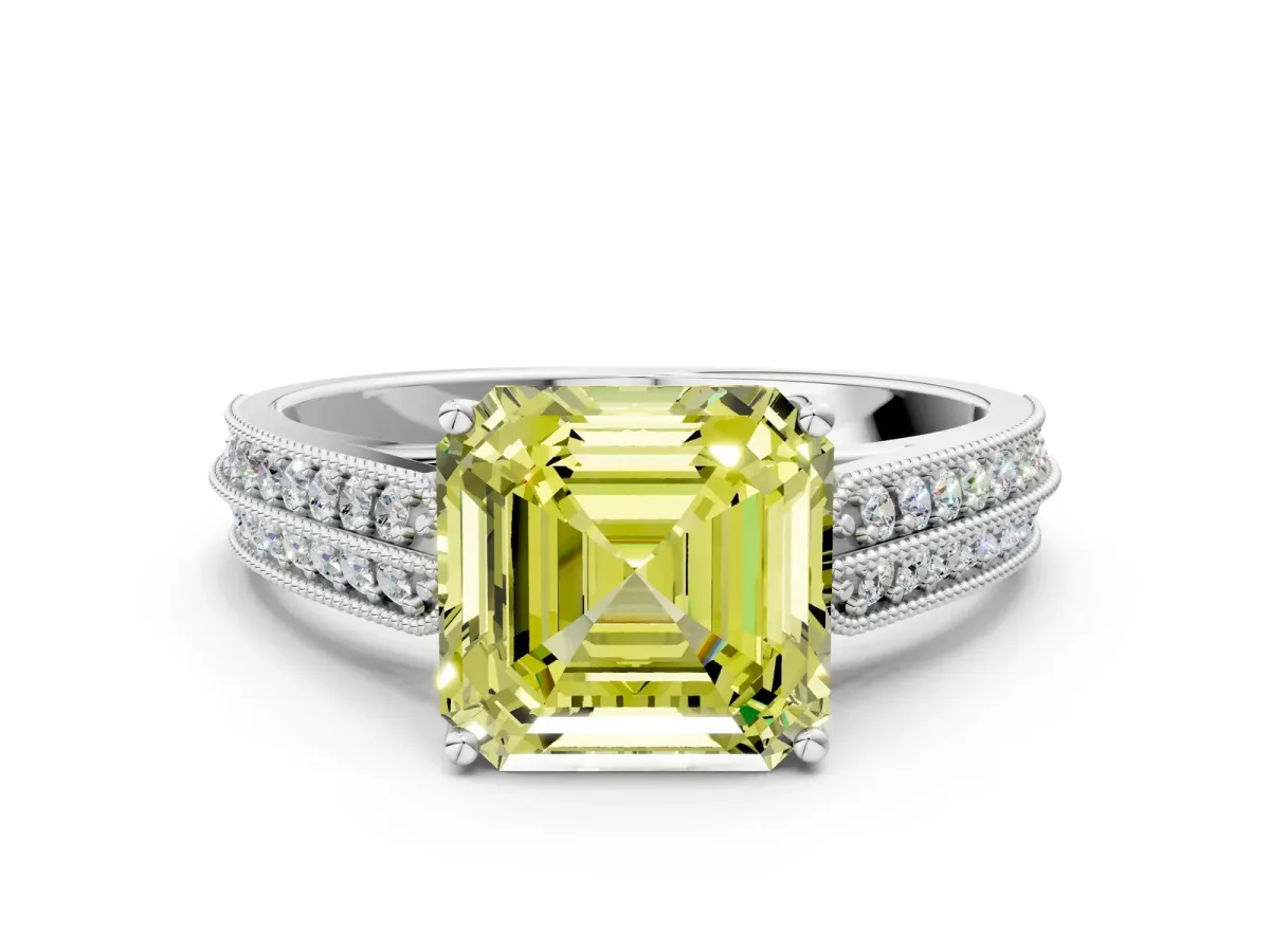 Fancy Yellow Asscher Cut Cut Pave Split Shank Engagement Ring with Four-Prong Setting Platinum