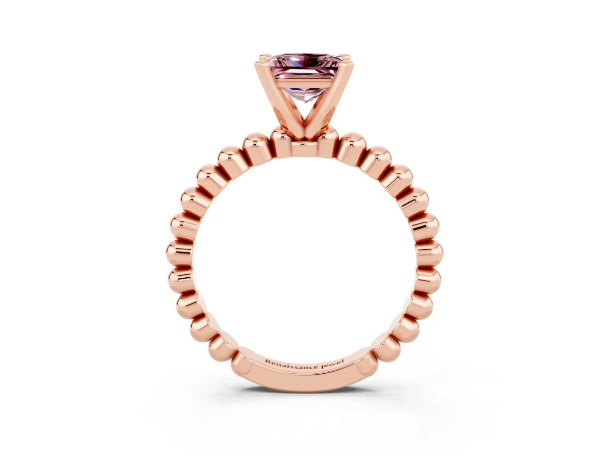 Princess Cut Morganite Solitaire Ring with Beaded Band and Prong Setting Rose gold
