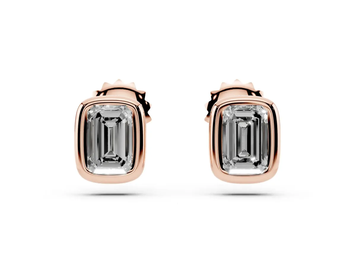 Emerald Diamond Bezel-Set Stud Earrings Rose gold