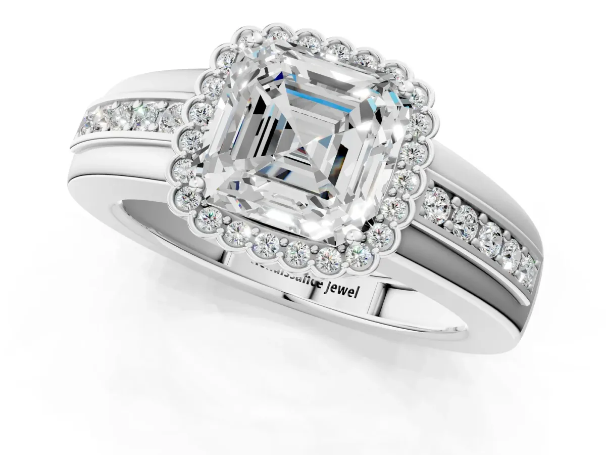 Asscher Cut Cut Halo Pave Band Four-Prong Ring Platinum