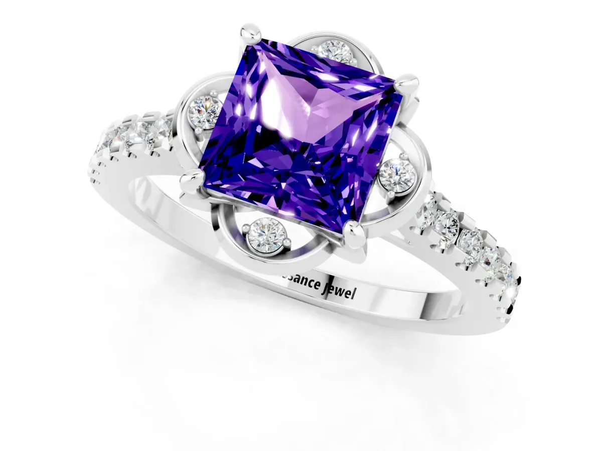 Princess Cut Tanzanite Ring with Pavé Band and Floral Prong Setting Silver