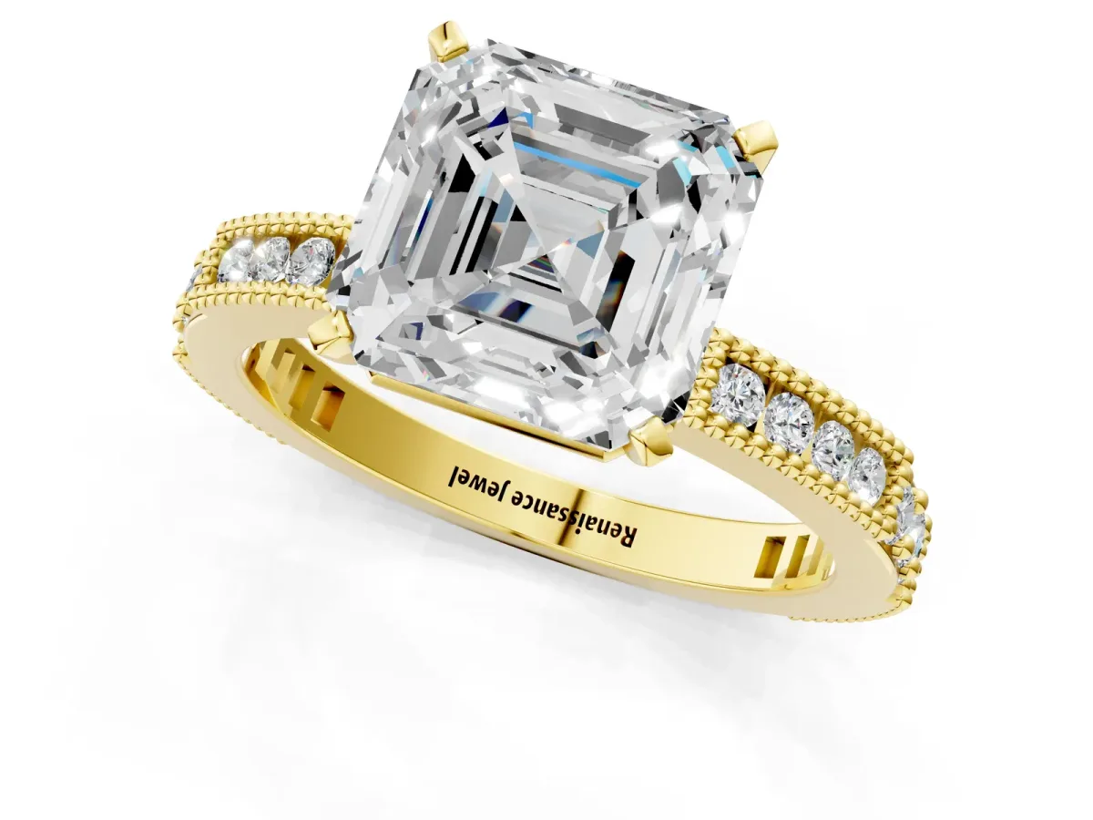 Asscher Cut Solitaire with Pavé Band and Four-Prong Setting Yellow gold