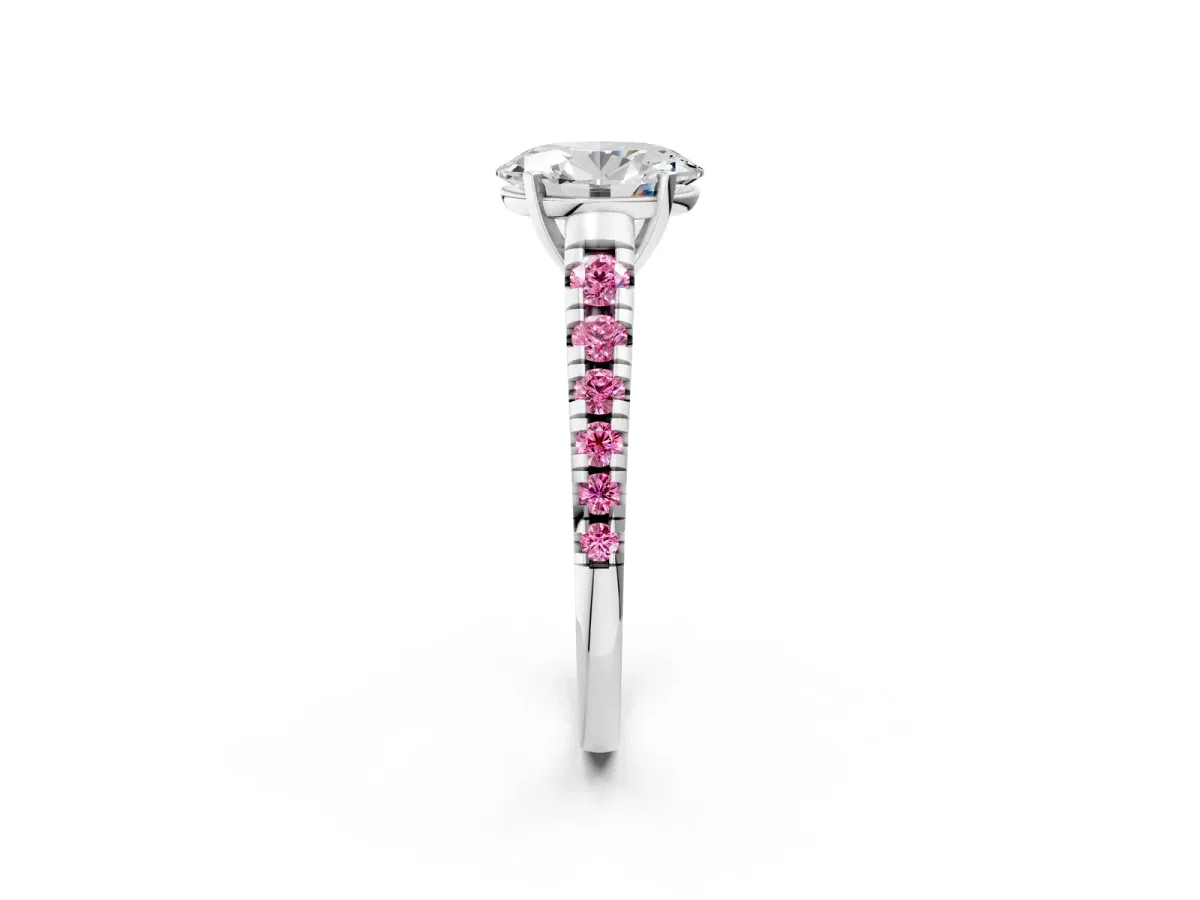 Oval Cut Diamond Cathedral Solitaire Ring with Round Pink Sapphire Pavé Band Silver